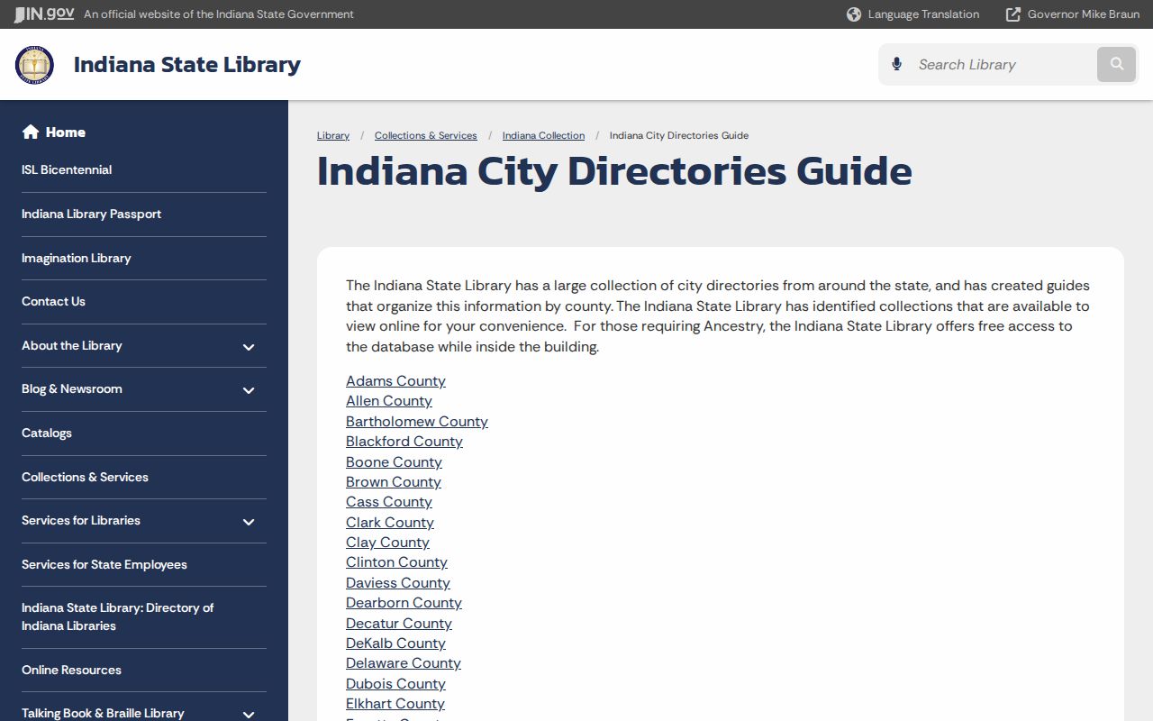 Indiana State Library city directory collection guide and access information
