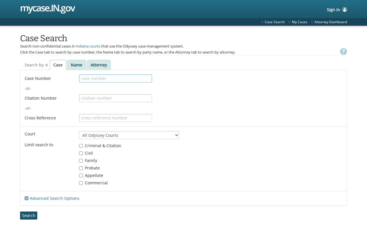 Indiana MyCase public court name and case search screen