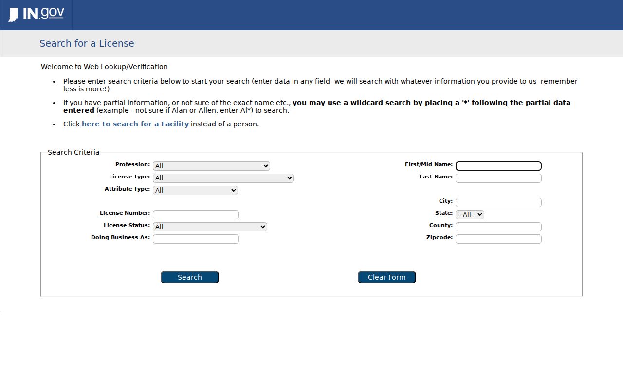 Indiana professional license verification search used in a Greenwood resident lookup