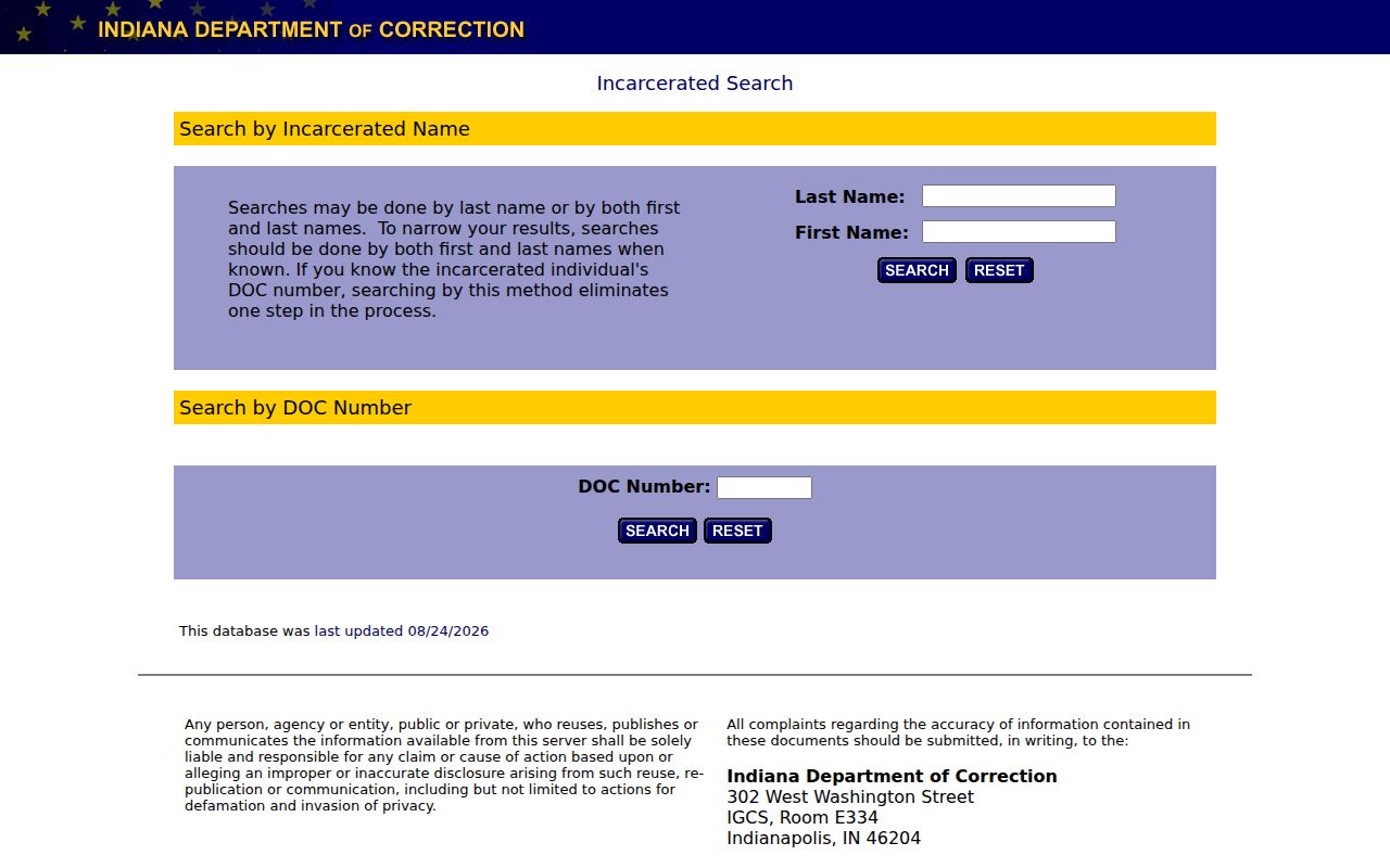 Indiana offender locator name and DOC number fields for status verification