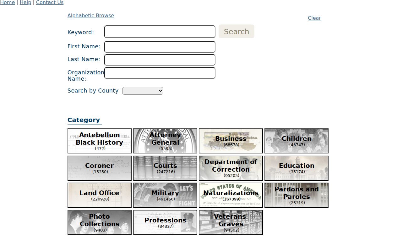 Indiana State Archives catalog fields for a historical Greenwood name search