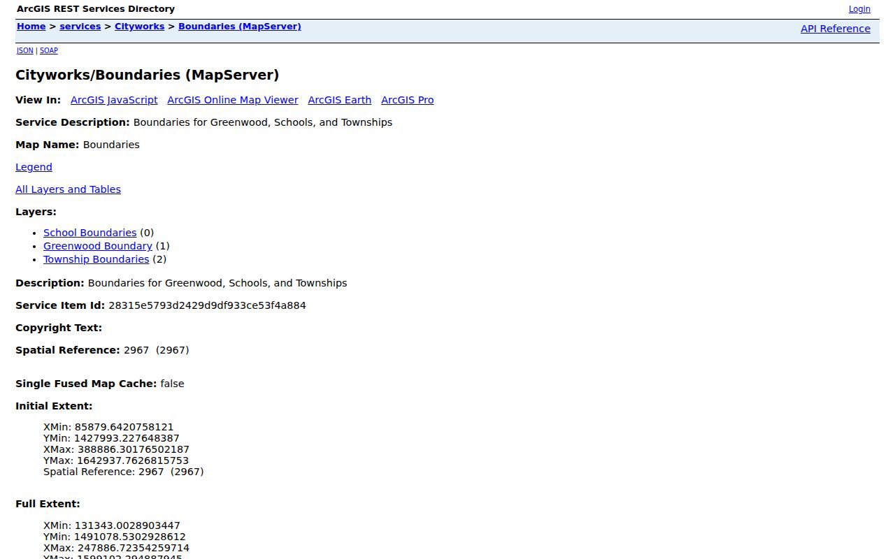 Greenwood ArcGIS school city and township boundary services